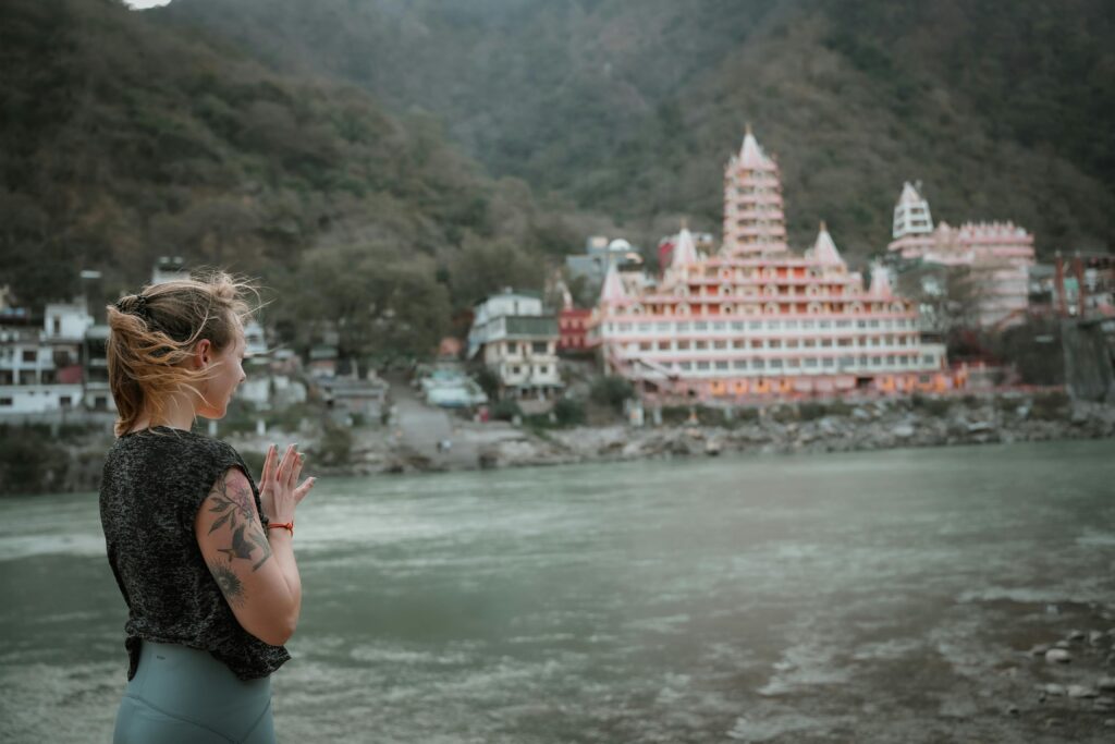 serenity, divine a girl praying in front of a temple, god, pilgrimage