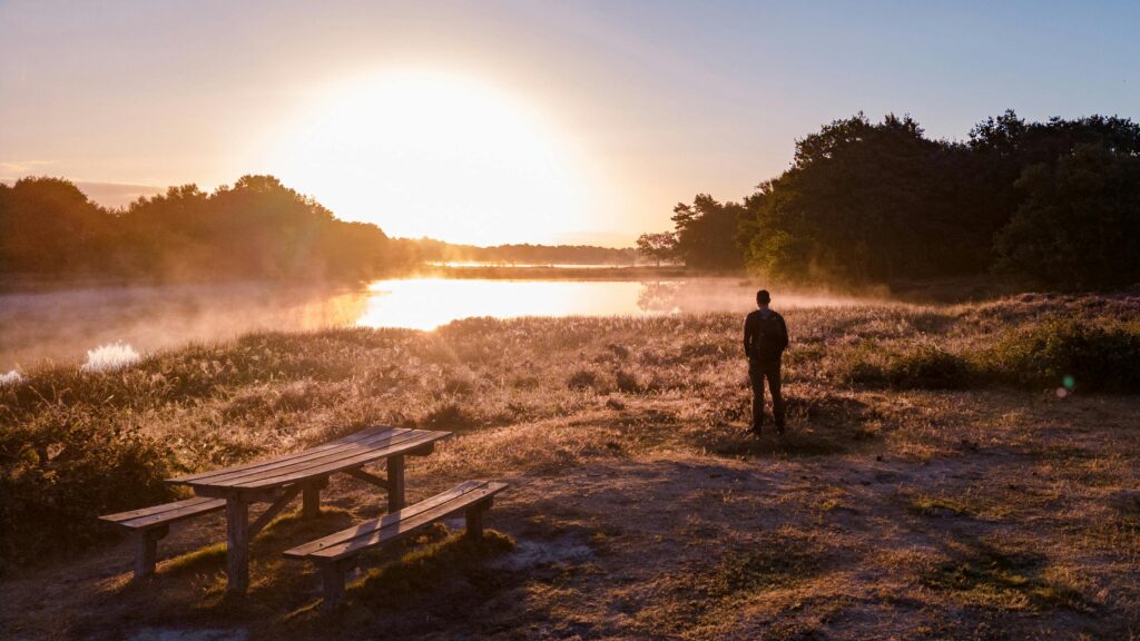 A man watching sunrise near a waterhole